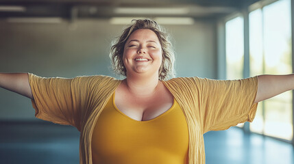 A radiant portrait of a confident, smiling overweight woman in a gym setting, exuding positivity, self-love, and dedication to health and wellness.