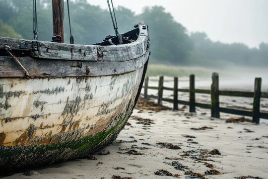 Old weathered wooden boat rests on a sandy beach near a fence, under a foggy sky.