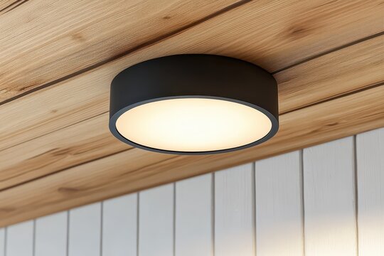Contemporary circular recessed LED lamp in a wooden ceiling