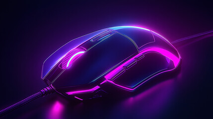 A cutting-edge gaming mouse glowing with vibrant neon purple lights, featuring an advanced ergonomic design, precision technology, and a sleek, futuristic aesthetic.