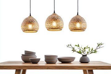 Contemporary dining space featuring a wooden table and wicker light fixtures in a comforta