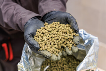 Worker handling organic animal feed pellets with protective gloves