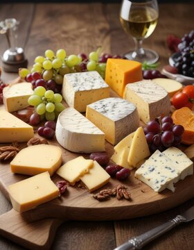 A vibrant still life of a cheese board featuring a selection of bright French cheeses arranged beautifully , Bright Colors, Fromage