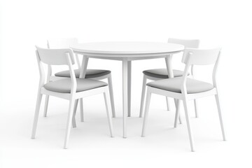 Obraz premium Contemporary round white wood dining set with four chairs displayed on a white background