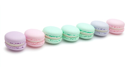 Obraz premium Pastel-colored macarons arranged in a row on a white background. A delightful treat for the eyes and the palate.