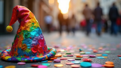 Colorful Party Hat on Street During Cologne Carnival Celebration in Germany, Highlighting Festive Decorations and Lively Atmosphere