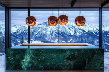 Modern kitchen with emerald marble countertop and stunning mountain view.