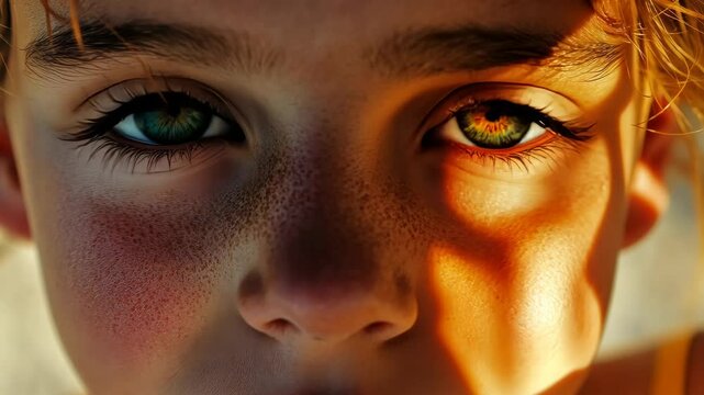 Captivating child's eyes in sunlit patterns: a play of light and shadow