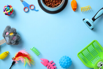 Pet accessories and toys on a blue background, including a food bowl, grooming tools, and various...