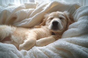 golden retriever puppy curled up on cloudlike cream towels soft morning light filtering through sheer curtains creating a dreamy cozy atmosphere
