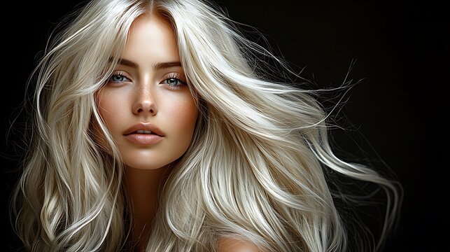 beautiful woman with flowing blonde hair poses against a dark background
