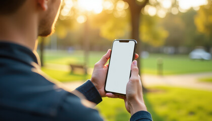 Person holding smartphone in sunny park setting.