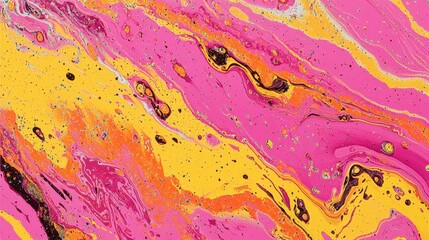 Swirling patterns of bright pink, yellow, and orange create a lively abstract design that captivates the viewer with its dynamic movement and rich color palette