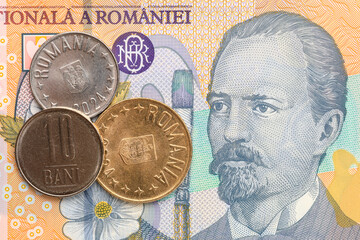 Romanian currency: lei banknote and coins displayed together