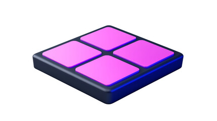 A sleek, square device featuring four illuminated sections in vibrant purple, designed for interactive engagement or creative applications.