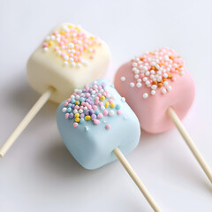 Pastel-colored square treats on sticks, topped with colorful sprinkles. A sweet and delightful confectionery.