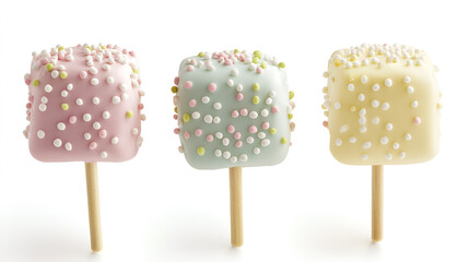 Three pastel-colored square treats on sticks, adorned with colorful sprinkles.  Sweet and delightful!