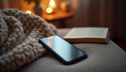 Smartphone with book and blanket in cozy setting.