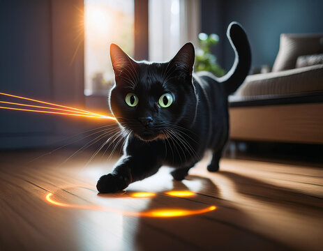A cat playfully chasing a laser pointer dot on the floor.
