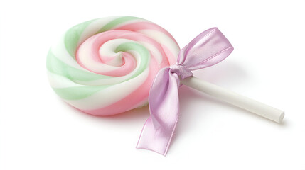 Swirled lollipop candy with a delicate purple ribbon, perfect for a sweet treat or gift.