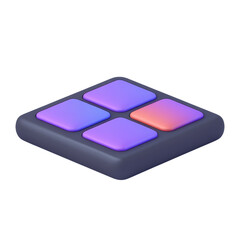 A compact device featuring four illuminated squares, glowing in shades of purple and orange.