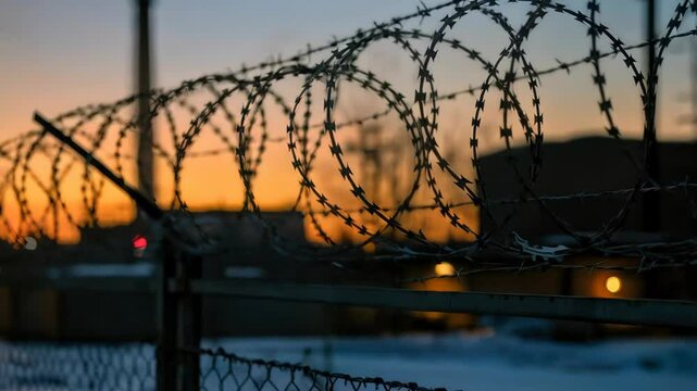 Barbed wire fence against a colorful sunset over an industrial site in the evening