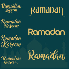 Elegant typographic styles of Ramadan Kareem and Ramadan with gold lettering on a rich green background