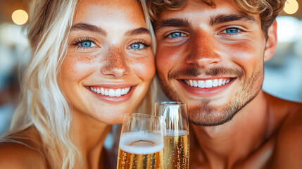 Couple celebrates special moment with drinks at a sunny outdoor event during the summer