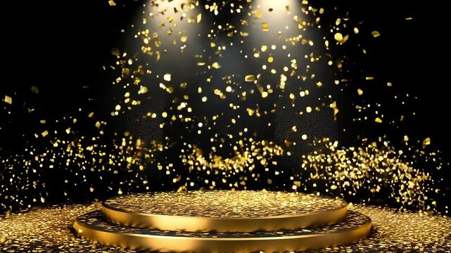 Gold confetti showers over a luxurious stage with black backdrop illuminated by bright lights, creating a festive atmosphere for a special event