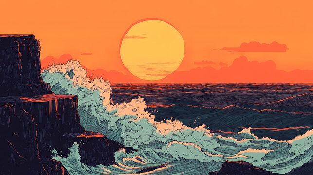 Fiery sunset over dramatic ocean cliffs and crashing waves. Sunset Cliffs. Illustration