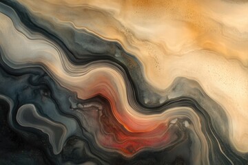 Abstract art featuring swirling, marble-like patterns in shades of beige, grey, black, and red.