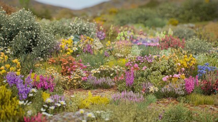Obraz premium Vibrant wildflowers bloom across a sunny hillside meadow during a bright spring day.