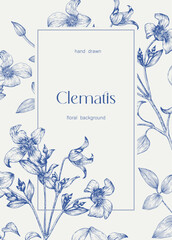 Vintage Toile Floral frame for design greeting card, wedding decor, invitation. Vector background. Engraved Clematis flowers blue on beige. Hand drawn illustration