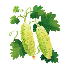 Bitter Melon Vine with Ripe Fruit – Lush Watercolor Depiction, Intricate Vine Artwork, Fresh and Bold Botanical Painting.  
