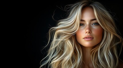 Fototapeta premium beautiful woman with flowing blonde hair poses against a dark background
