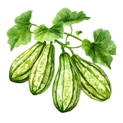 Bitter Melon Vine with Fruit – Detailed Watercolor Botanical Illustration, Exotic Vine Plant Painting, Nature-Inspired Artwork, Vibrant and Unique Bitter Melon Design.  
