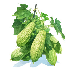Bitter Melon Vine with Fruit – Detailed Watercolor Botanical Illustration, Exotic Vine Plant Painting, Nature-Inspired Artwork, Vibrant and Unique Bitter Melon Design.  
