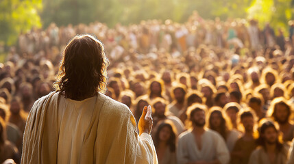 Jesus Christ speaking to a large crowd in an outdoor setting, with sunlight streaming through trees, emphasizing spiritual connection and divine teachings.