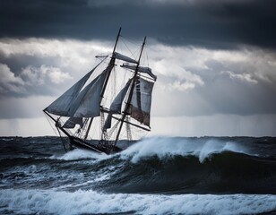Fototapeta premium Wildfire battles stormy waves aboard a deteriorating ship in the turbulent sea