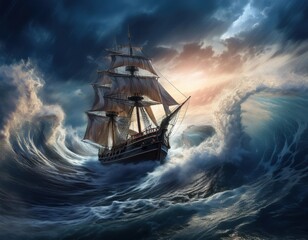 Obraz premium Firefly battles massive waves at stormy sea under a dramatic sky