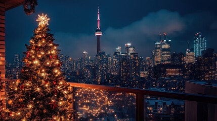 Cityscape Christmas tree balcony night view