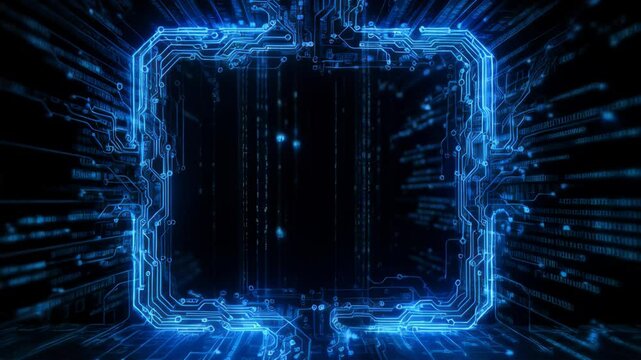 Futuristic digital technology background with glowing circuitry and binary code patterns