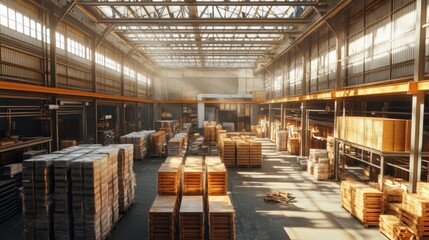 A wide-angle shot of a factory&acirc;&euro;&trade;s inventory system, with stacks of raw materials and finished goods stored for shipping. 