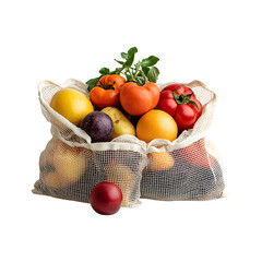 Reusable Organic Cotton Mesh Produce Bags with Fresh Fruit on transparent background