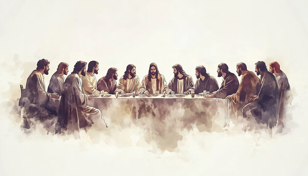 Minimalist watercolor illustration of Last Supper, Jesus with 12 apostles seated at table, simple composition with soft beige and gray tones emphasizing spiritual reflection and sacred symbolism