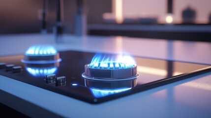 A modern gas stove features bright blue flames on its burners, showcasing a sleek kitchen countertop. Soft evening lighting enhances the ambient atmosphere of the space