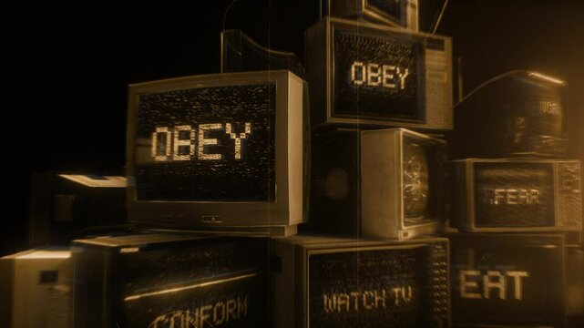 A stack of old TV&rsquo;s displaying subliminal messages and signal noise.