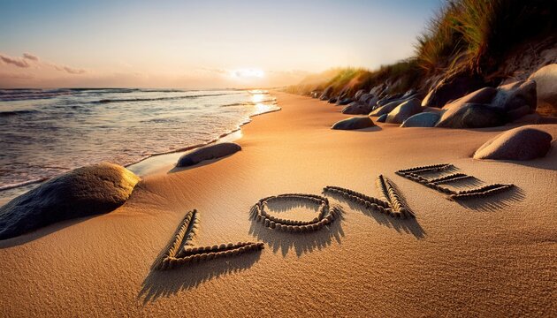 Golden sandy beach with love carved into the shore under the sunset