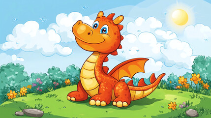 Obraz premium Dibujo infantil de un dragón en un paisaje soleado y colorido