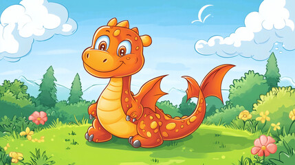 Naklejka premium Dibujo infantil de un dragón en un paisaje soleado y colorido